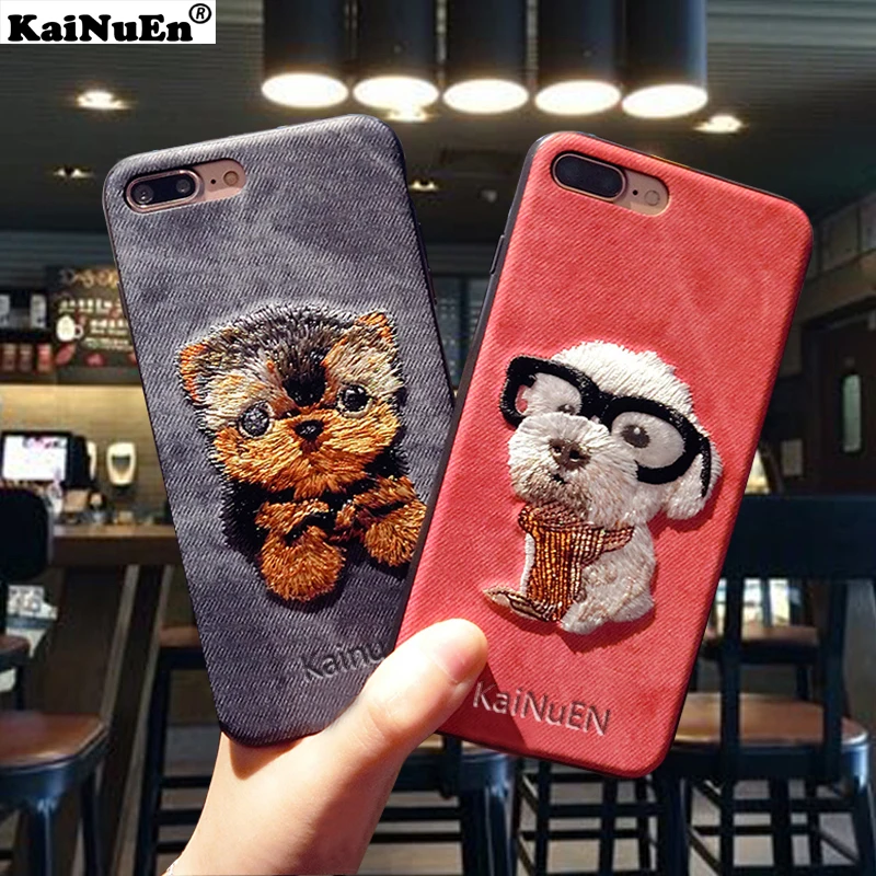 

Handmade Embroidery 3D Cute dog Denim coque cover Case for Apple iPhone 6 6s / 6plus 6 plus 6splus Phone fashionista personality