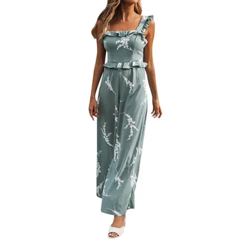 

Summer Fashion Holiday Chiffon Straight Women Ladies Fashion Sexy Print Sleeveless Loose Long Jumpsuit L325