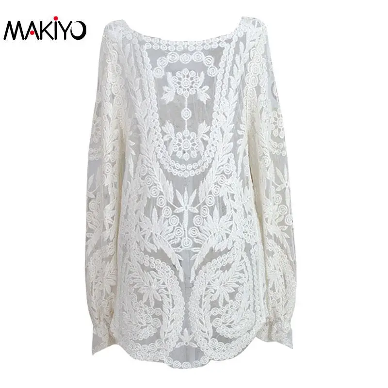 Blusas Femininas, женская сексуальная Кружевная блуза с длинным рукавом, топы, модные Ажурные вязаные топы - Цвет: Белый