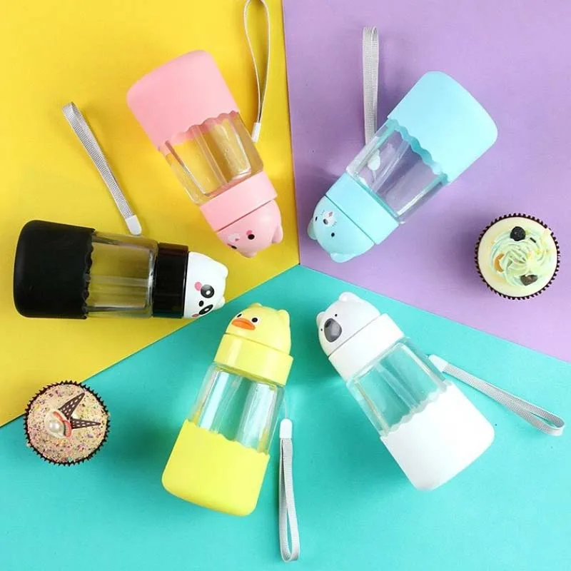 

320 ML Cartoon Kids Water Bottle Cute Bottle With Straw Eco-Friendly Glass Water Bottle With Rope Simple Fashion Kid Gift