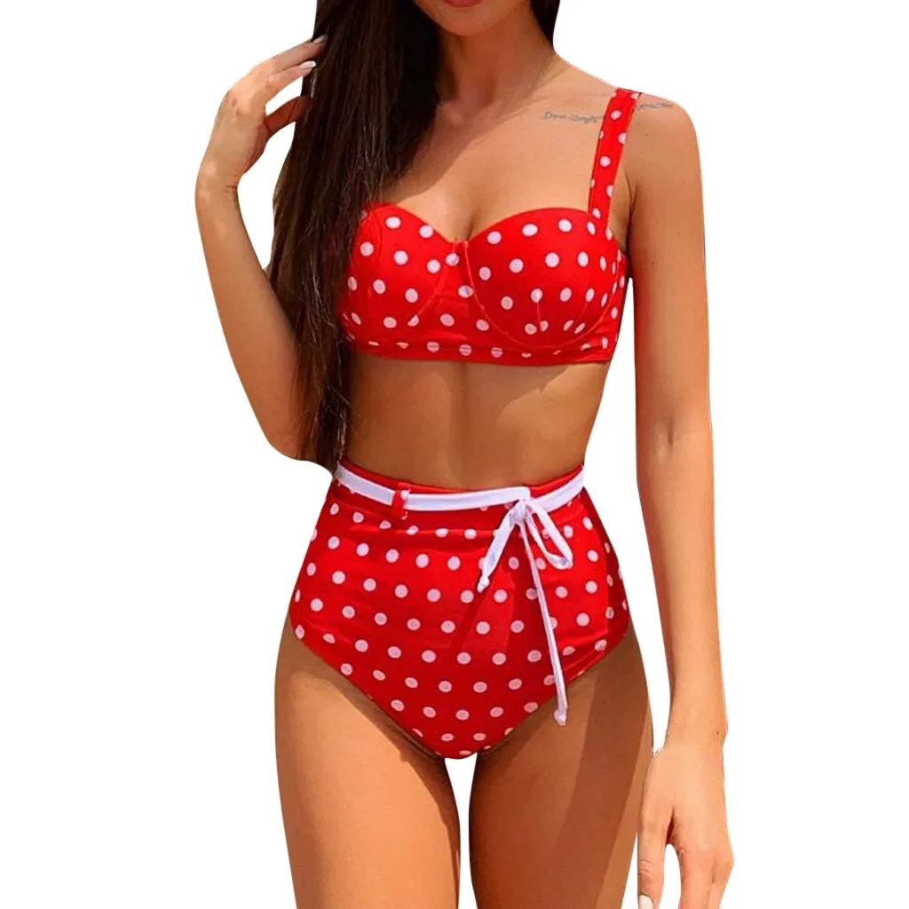

Red Dot Print Swimsuit Fashion Party Camisole Bikini Set Sexy Push Up Lace Up Beach Swimwear Stroj Kapielowy Damski#Y1
