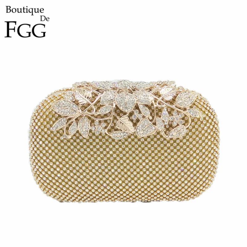 

Famous Brand Women's Fashion Metal Flower Clasp Crystal Clutch Evening Bags Wedding Party Cocktail Shoulder Handbags Purses