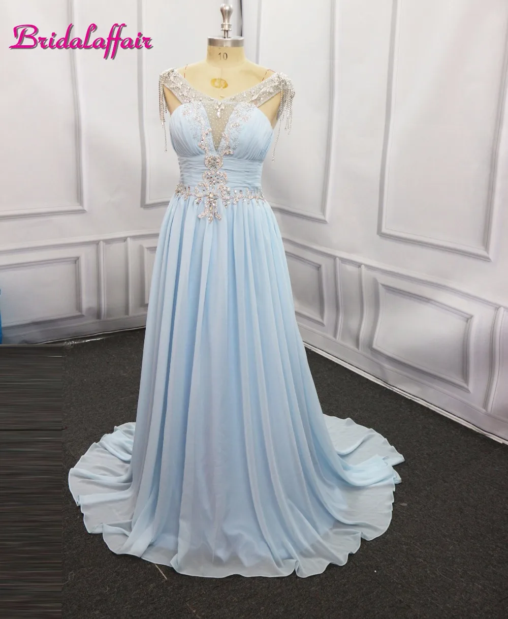 Sexy A Line Baby Blue Prom Dress 2018 Long Halter Beaded Backless vestidos de fiesta Formal