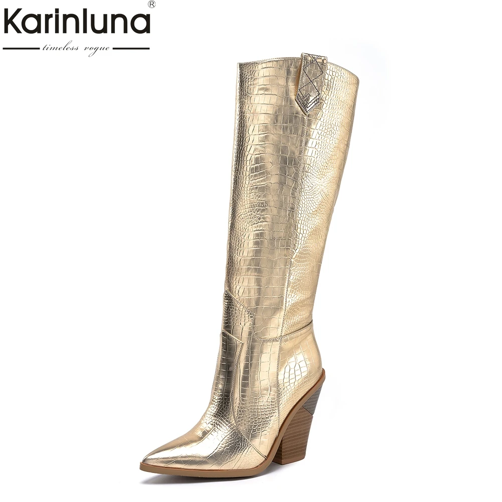 

2019 big Size 33-46 Fashion Gold high Heels knee-high Boots Women Shoes Western boots Shoes Woman heeled shoes female boots