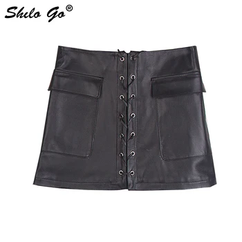 

Leather Skirt Autumn Fashion sheepskin genuine leather Skirt front spaghetti strap vintage double pocket A Line skirts