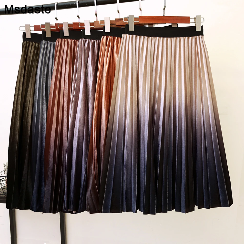 

Pleated Skirts 2019 Autumn Women Long Fall Maxi Bottom Clothes Midi High Waist Elastic Casual Graduate Color Lady Party Skirt