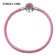Strollgirl 925 Sterling Silver Classic Minimalist flower enamel Pink Leather Snake Chain Bracelet Fashion jewelry for Women gift france dyxytwe ladybug pink flower tassel luxury jewelry women gift enamel glaze jewelry