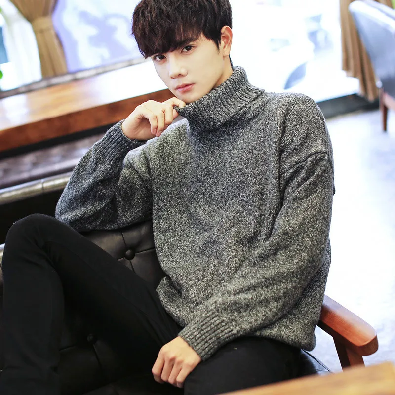 Полосатый Серый мужской свитер с высоким воротником, толстый Корейский свитер для мальчиков большого размера, 3xl, вязаный мужской пуловер с высоким воротником и длинными рукавами