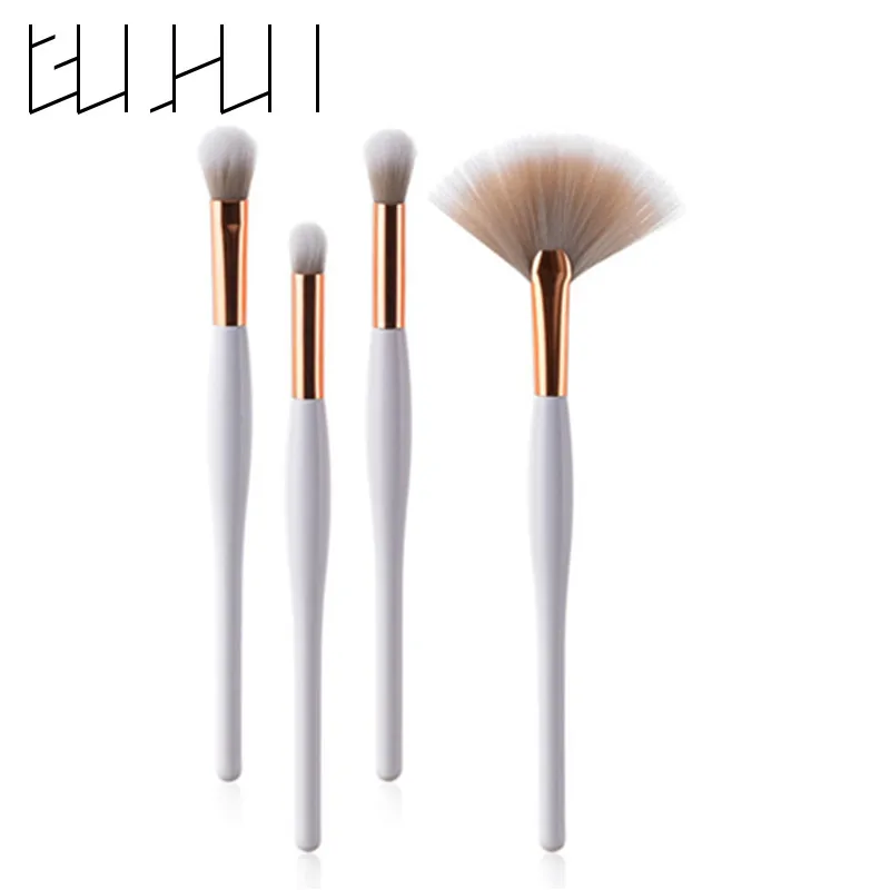 4Pcs Gold Aluminum Makeup Brushes Women White Wood Handle Make Up Brush