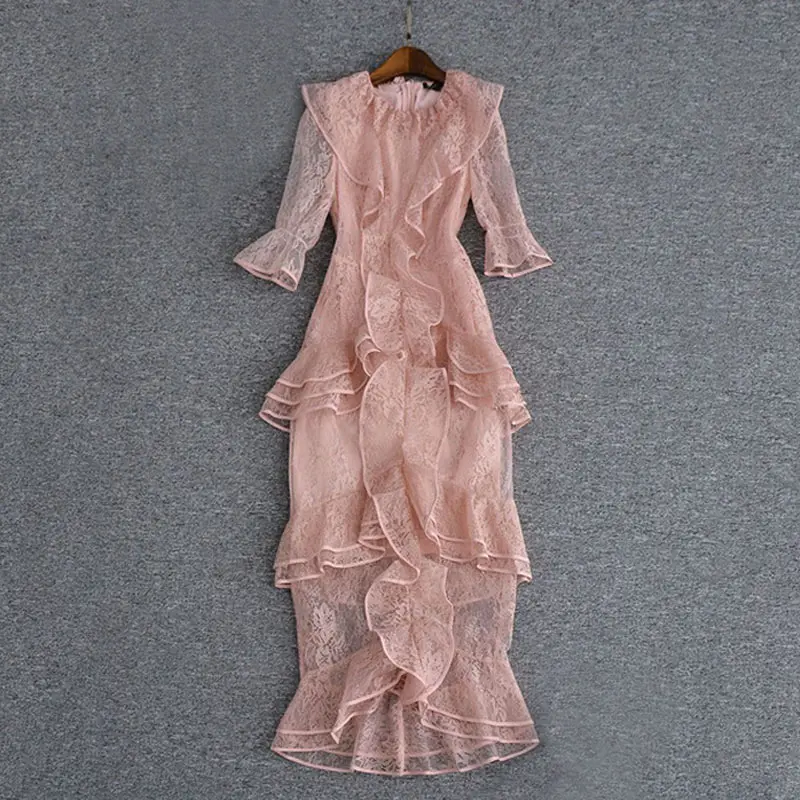 pink maxi lace dress o-neck ruffles half sleeve mulit-layer mermaid dress ladies party dress fast shipping