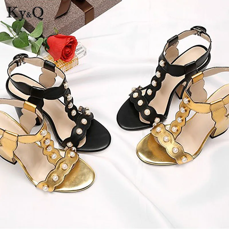

2018 Summer Real Leather Studded Pearl Gold Black Ankle Straps Women Gladiator Party Sandals Thick High Heels Plus Size 43 Shoes