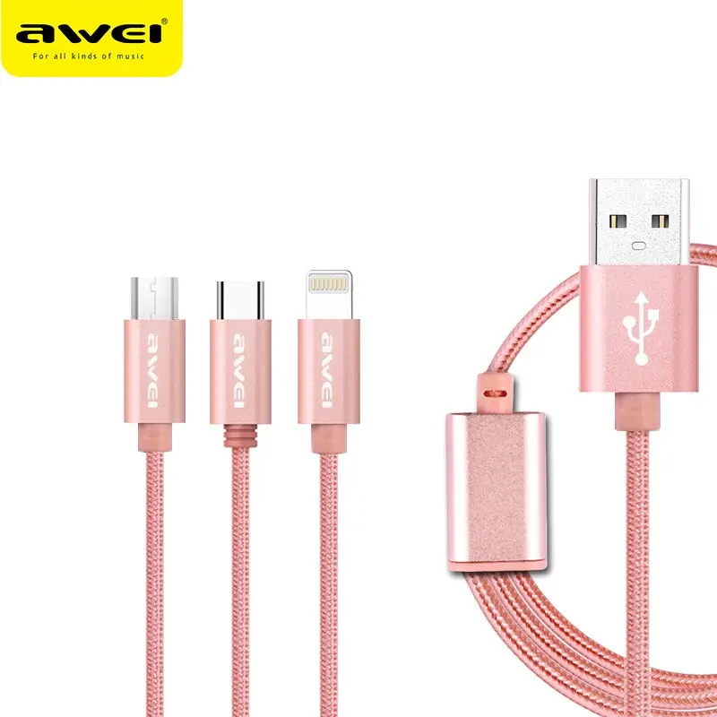 Awei المحمولة كابل بيانات 3 in1 النايلون مضفر سلك ل البرق مايكرو نوع-c ل apple ل huawei ل xiaomi oppo vivo