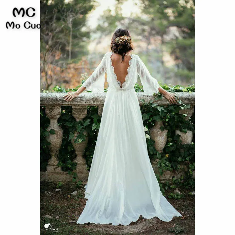 Chiffon Elegant Sexy Long Sleeves and Flirty P-a-boo Back Wedding Dress4