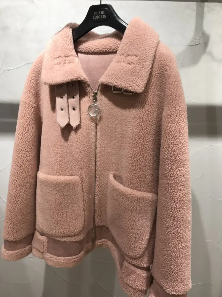 Мотоциклетная стильная шуба женская зимняя Весенняя Меховая куртка из натуральной овечьей шерсти розовая Новая Модная парка с отложным воротником короткие Стильные пальто