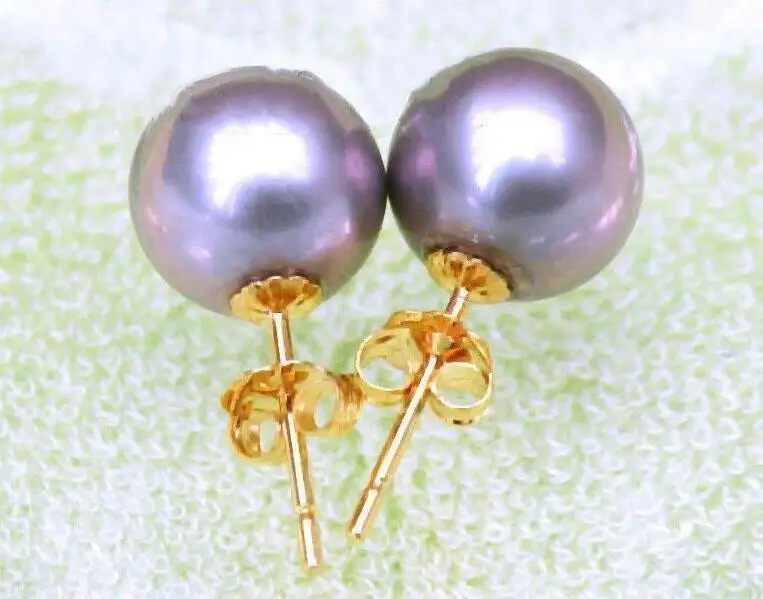 

14K Yellow Gold 10-11mm natural Round purple South sea Stud Pearl Earring !