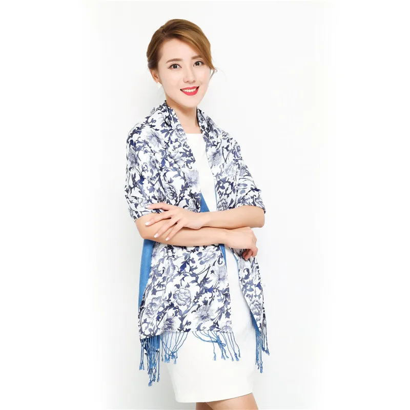 Новые плотные осенне-зимние женские шарфы, модный длинный двухсторонний шарф с бахромой, элегантный шелковый шарф в китайском стиле с принтом