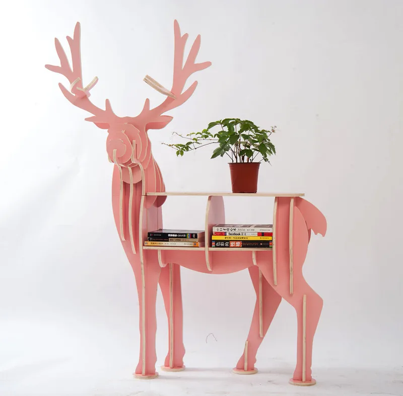 Large Book Rack Bookcase Display Storage Furniture for CDs, Movies &Books Animal Deer Display Bookrack Wooden Bookcase Shelves