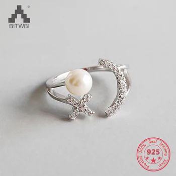 

New Trendy Shiny Zircon Pearl True 925 Sterling Silver Charm Adjustable Ring