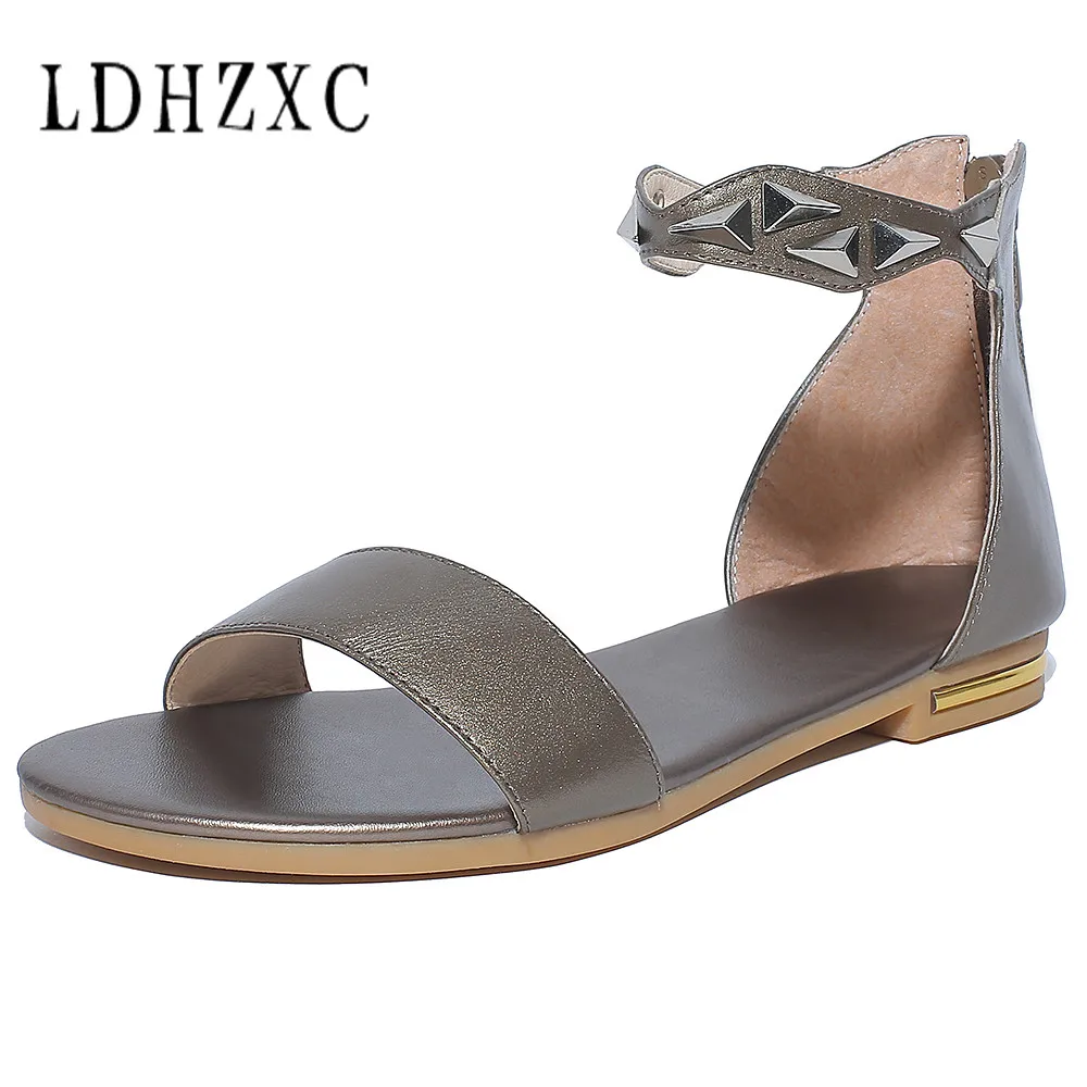 

LDHZXC 2018 new Flat Women Sandals Summer Genuine Leather Flat Women Sandal Shoes Roman Mujer Sandalias Ladies 44 45 46
