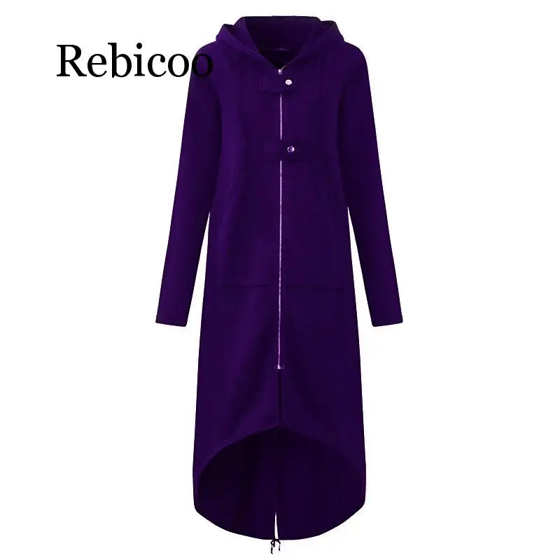 Rebicoo  Fashion Long Sleeve Hooded Trench Coat 2019 Autumn Black Zipper Plus Size 5XL Velvet Long Coat Women Overcoat Clothes