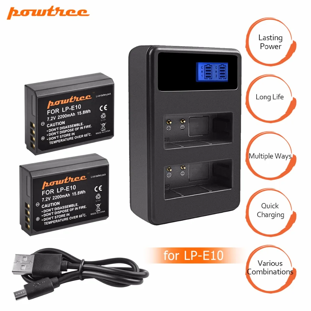 

Powtree For Canon 2PCS 7.2V 2200mAh LP-E10 LP E10 LPE10 Camera Battery + LCD Dual Charger For 1100D 1200D 4000D Kiss X50 X70 X80