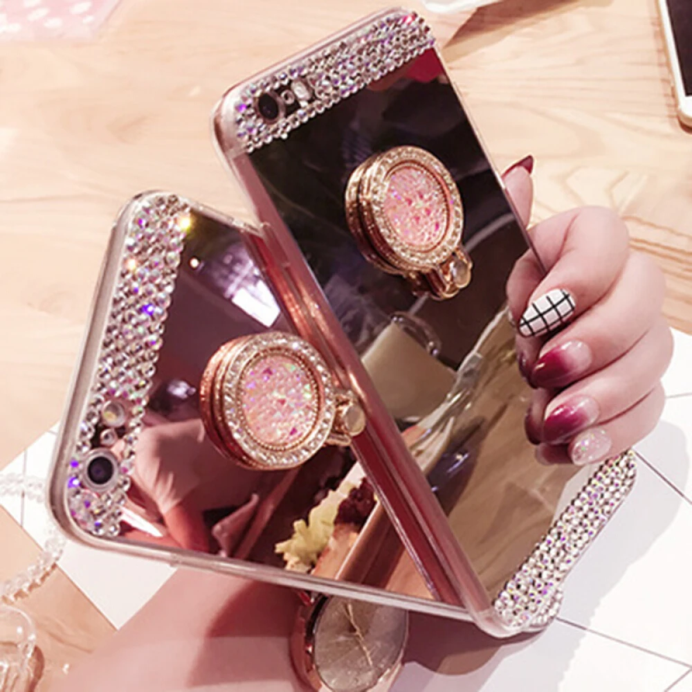 Fashion Diamond Soft TPU Crystal Rhinestone Glitter Mirror Phone Case For Samsung S8 S9 S8 Plus S9 Plus with Ring Holder Stand