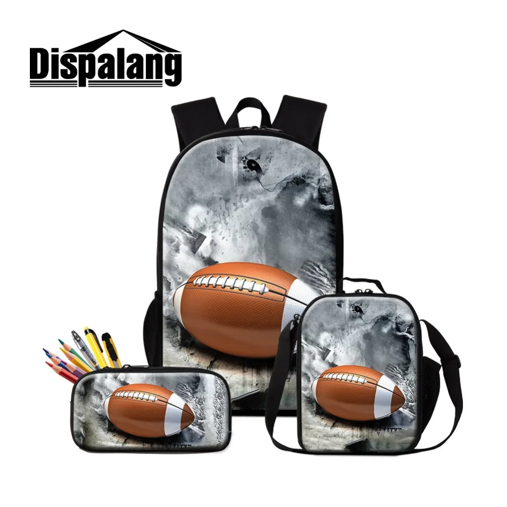 

Dislapang Custom Photos Word 3Pcs RugbyBall School Backpack and Lunch Pouch Bag Pencil Case for Boy Student Insulated Cooler Bag