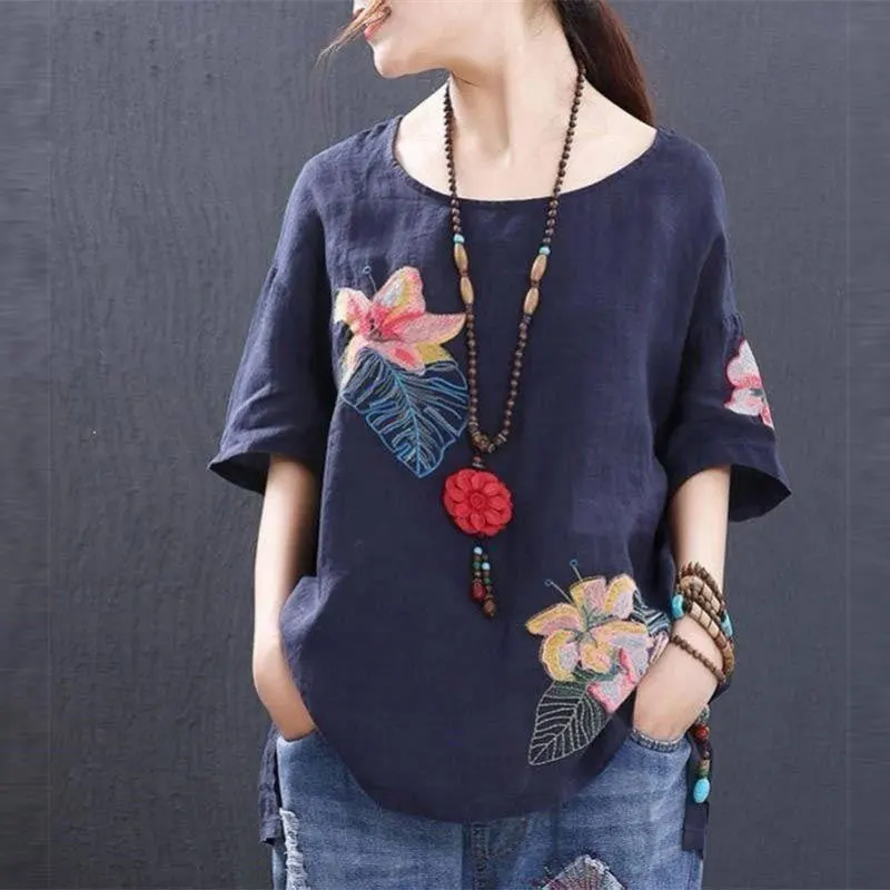 

F&je Summer Style Cotton Linen Tops Plus Size Floral Embroidery Vintage Loose Short Sleeve Tshirt Lady O-neck Tee Shirt Big HX01
