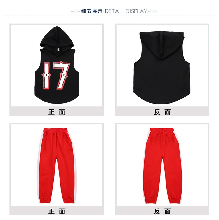 Girls Black long Hoodie Top Sleeveless Red Jogger Pants Jazz Hip Hop Dance Clothes For Kids Teen Girls Summer Sport Suits (6)