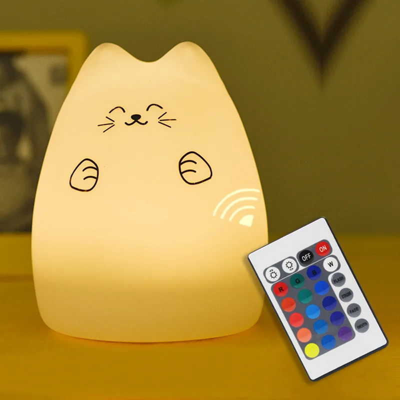 SuperNight Cute Cartoon Cat LED Night Light 7 Colors Silicone Rechargeable TapRemote Control Children Baby Bedside Table Lamp (22)