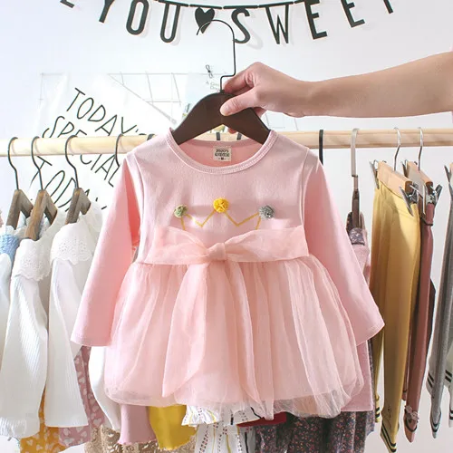 Милое Платье с короной для малышей Одежда для девочек Сетчатое платье принцессы с длинными рукавами платье для крещения для новорожденных детей 1 год День рождения vestido infantil - Цвет: Pink