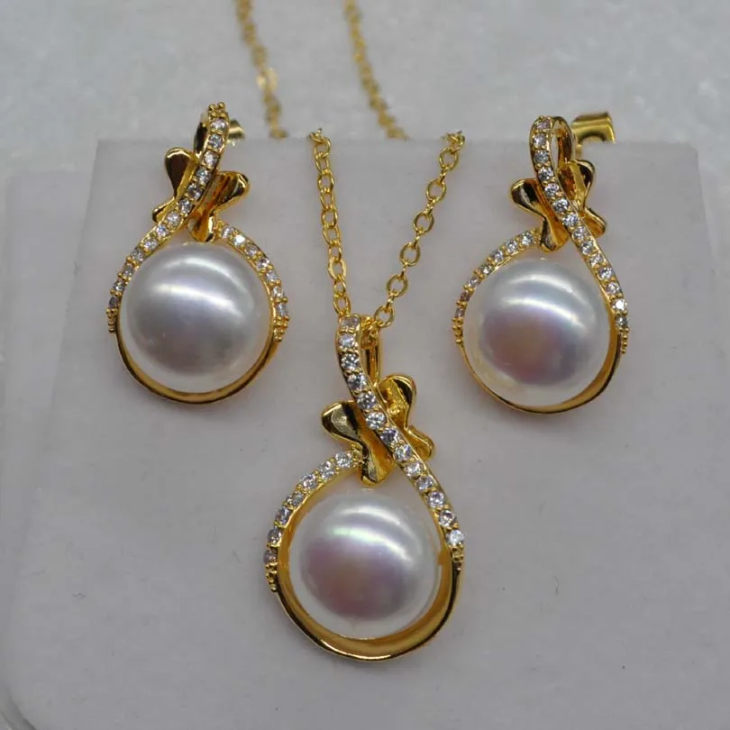 

AAA Natural very luster rare white 11.5mm FW pearl pendant earring set