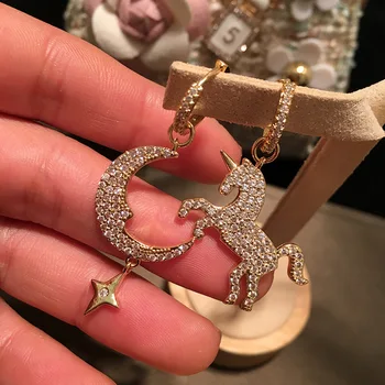 

UMGODLY Luxury Brand Asymmetric Horse Unicorn Earrings Cubic Zirconia Star Moon Women Party Fashion Jewelry Gift