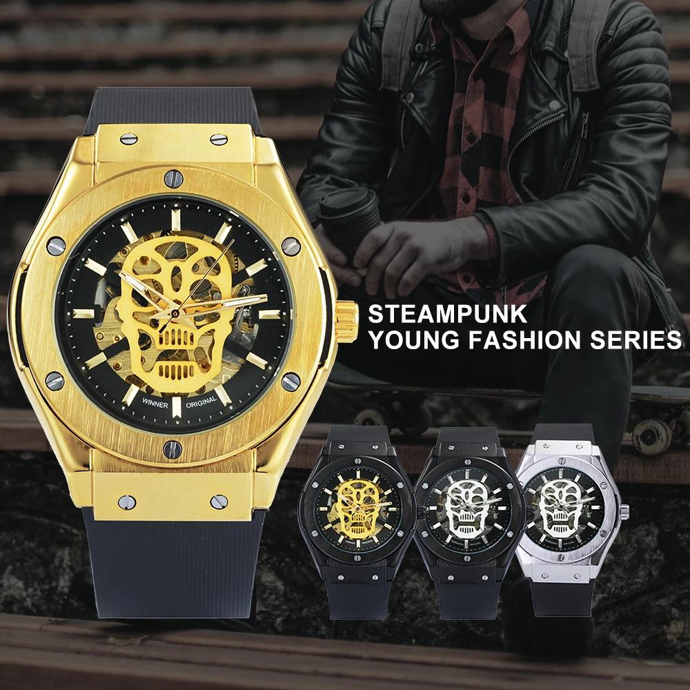 Модные мужские спортивные часы с черепом, автоматические Золотые механические часы с резиновым ремешком в стиле хип-хоп, роскошные брендовые наручные часы