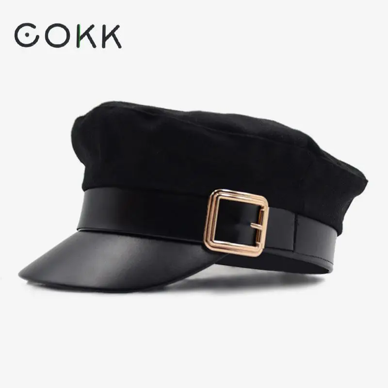 

COKK Military Hat Caps Beret Winter Hats For Women Men Pu Leather Brim Wool Knitted Cap Black Bone Female Vintage Gorra Militar