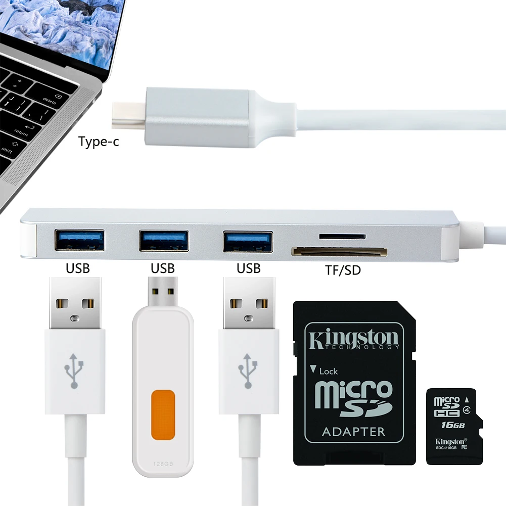 

5 in 1 Type-C Hub Aluminium Alloy USB C Adapter Hi-Speed USB 3.0 Port SD/TF Card Reader for Mac Windows Laptop