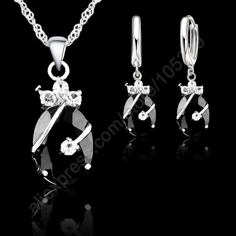 

Wholesale Price Female Women Jewelry Sets Real 925 Sterling Silver Austrian Crystal Pendant Necklace Hoop Earrings Sets