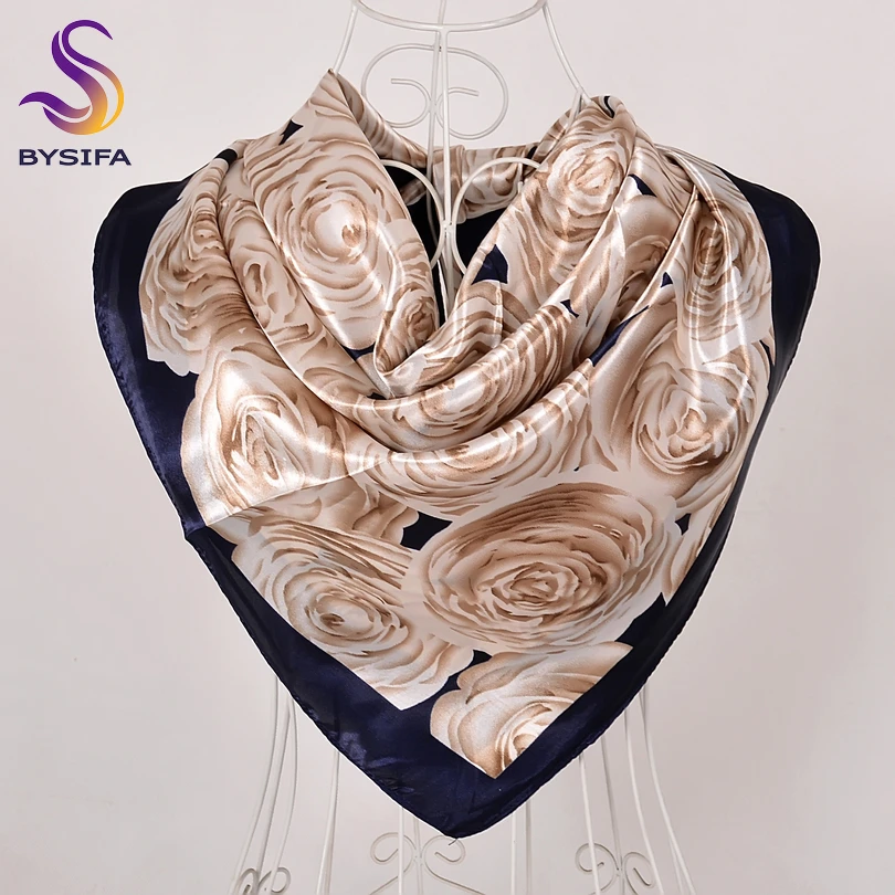 

[BYSIFA] Beige Khaki Silk Scarf Shawl Women Fashion Chinese Roses Design Winter Large Square Satin Scarves Spring Autumn Scarf
