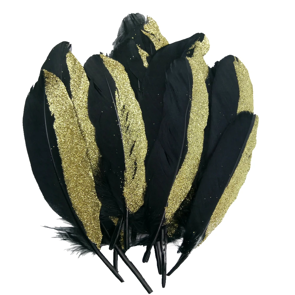 12 Piece Dyed Natural Goose Feather Trim for Millinery DIY Art Crafts Party Decoration Black and Gold 15-20cm