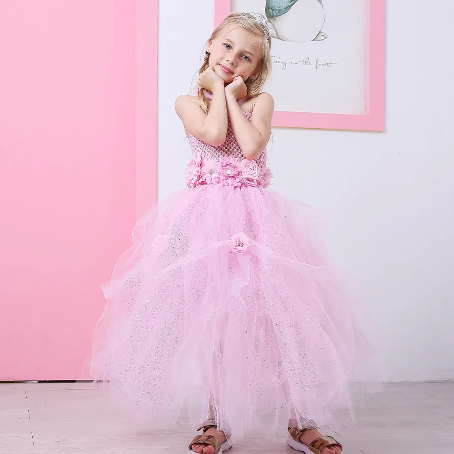 Stunning Shade of Pink Princess Girls Dress Kids Tutu Gown with Rhinestone for Weddings Photo Shoots Girl Tulle Flower Dress (5)