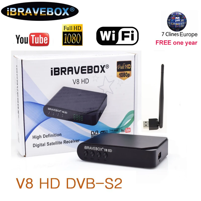 

iBRAVEBOX Satellite TV Receiver V8 HD 1080P Full HD DVB-S2 with 7 clines cccam one year Support PowerVu,DRE&Biss key usb wifi