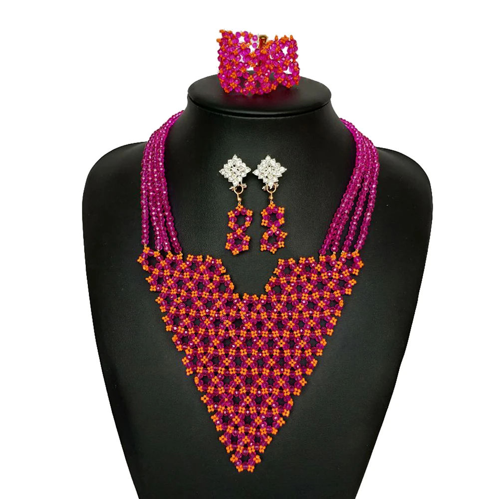 

Fine Dubai Crystal Beaded Party Jewelry Set For Women African Beads Jewelry Sets Red Wedding Necklace Nigerian Bridal Jewelry