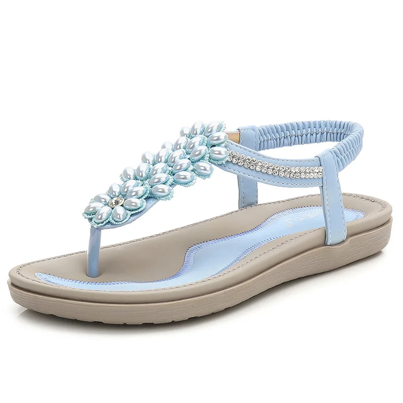 

2019 summer new style simple and simple solid color sandals women comfortable wild pearl decorative casual shoes