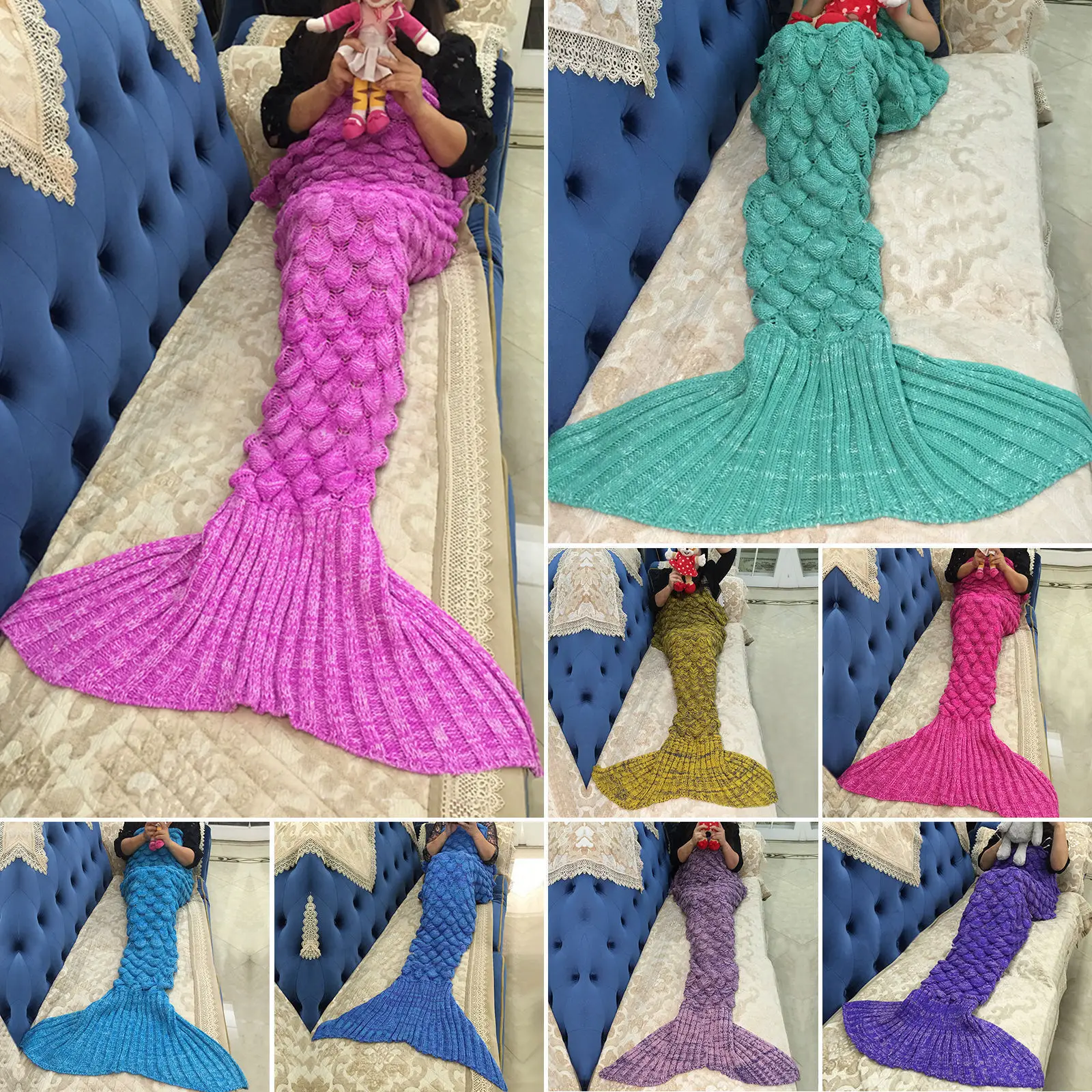 Adult Kids Fish Scale Mermaid Tail Blanket Handmade Knit Sofa Crochet Quilt Rug
