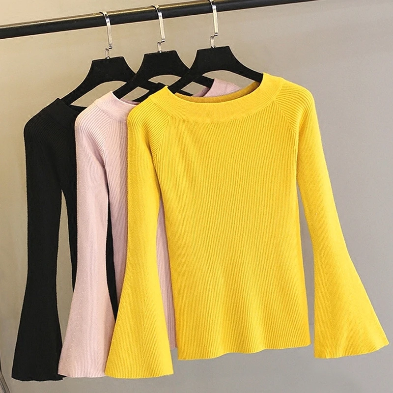 

GIGOGOU Spring Autumn Slash neck Women Pullover Sweater Knitted Flare Sleeve Female Jumper Top Slim Pull Femme Sweater