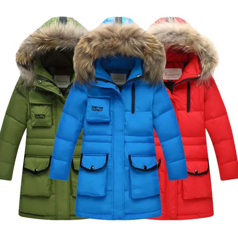 

-35 degree winter fur collar Children's down jacket white Duck Down Jackets boys girls long down coats quality kids down outwear