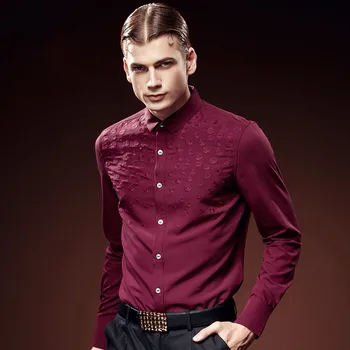 

High Quality Men Royal Prince Purple Red Slim Dress Shirts Male Floral embroidery Long sleeve Top shirts Party Retro 612155