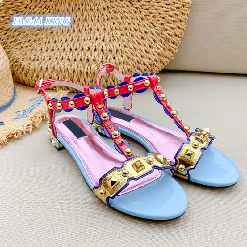 

2019 Summer Contrast Colors Rivets Pearls Decorated Women Sandals Square Low Heels Open Toe Fashion Ankle Buckle Causal Sandals