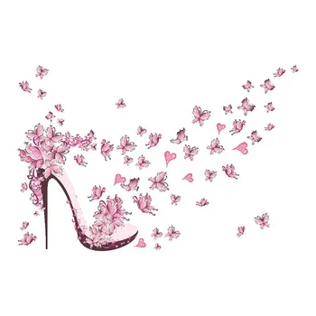 

Removable Pink High-heeled Shoes With Butterfly Vinyl Wall Sticker Home Decal
