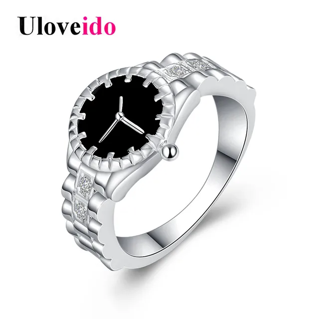 Uloveido Watch-shape Rings for Women Cubic Zirconia Black Ring Female Silver Col Uloveido Watch-shape Rings for Women Cubic Zirconia Black Ring Female Silver Col